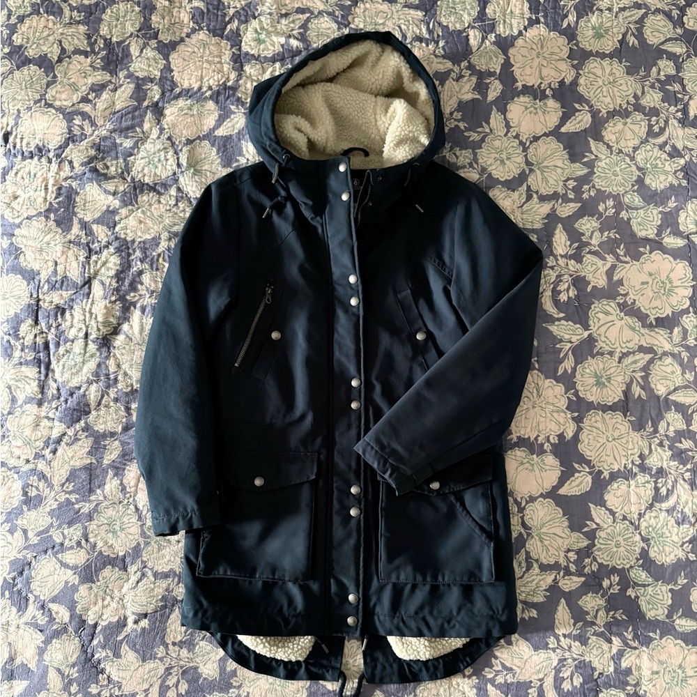 Volcom Navy Hooded Sherpa-Lined Water Resistant Coat
